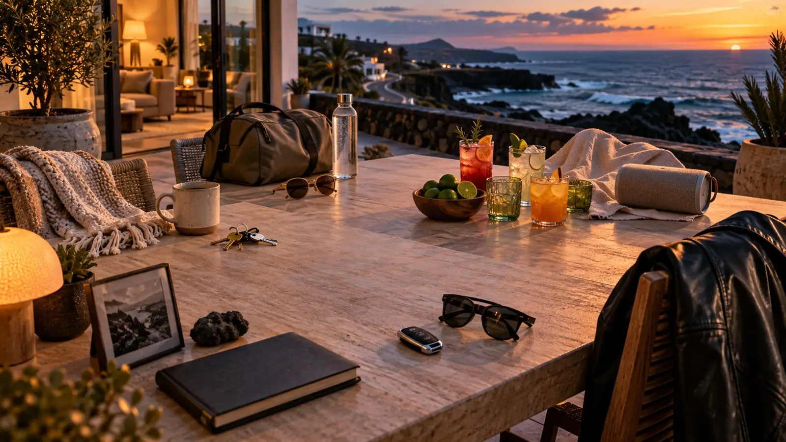 Mesa junto al mar al atardecer con bebidas, gafas de sol, una bolsa de viaje y objetos personales, imagen del quiz sobre qué canción de la era actual de Quevedo encaja con tu vibe.