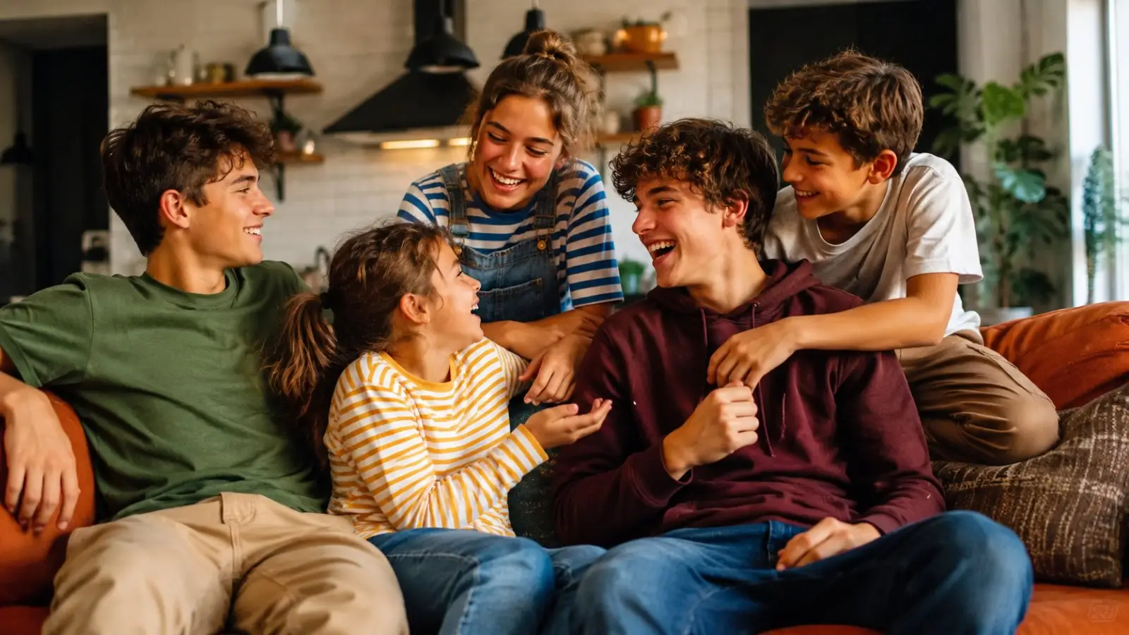 Portada del quiz «¿Qué tipo de hermano o hermana eres?» con cinco jóvenes riendo y conversando juntos en un sofá, en un ambiente familiar y acogedor