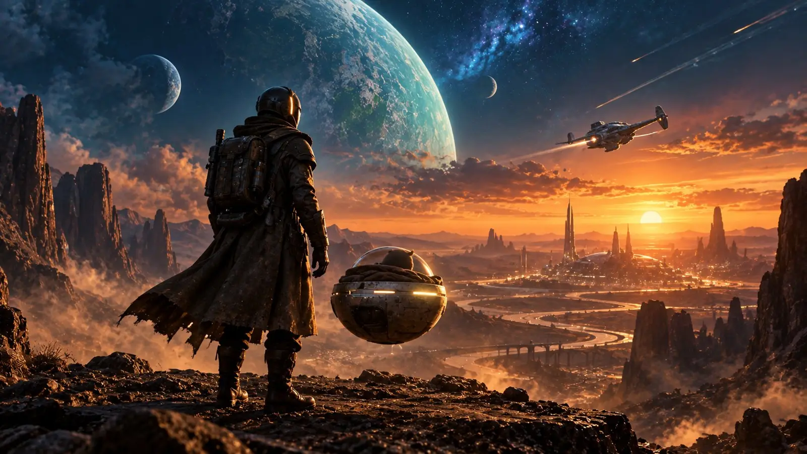 Obложка квиза sobre The Mandalorian y Grogu con un guerrero acorazado, una cápsula flotante y un paisaje alienígena al atardecer