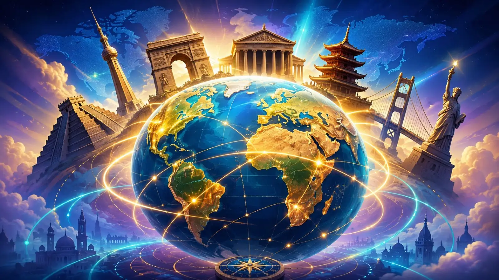 Portada del quiz de monumentos famosos con un globo iluminado, rutas brillantes y siluetas de iconos del mundo al atardecer
