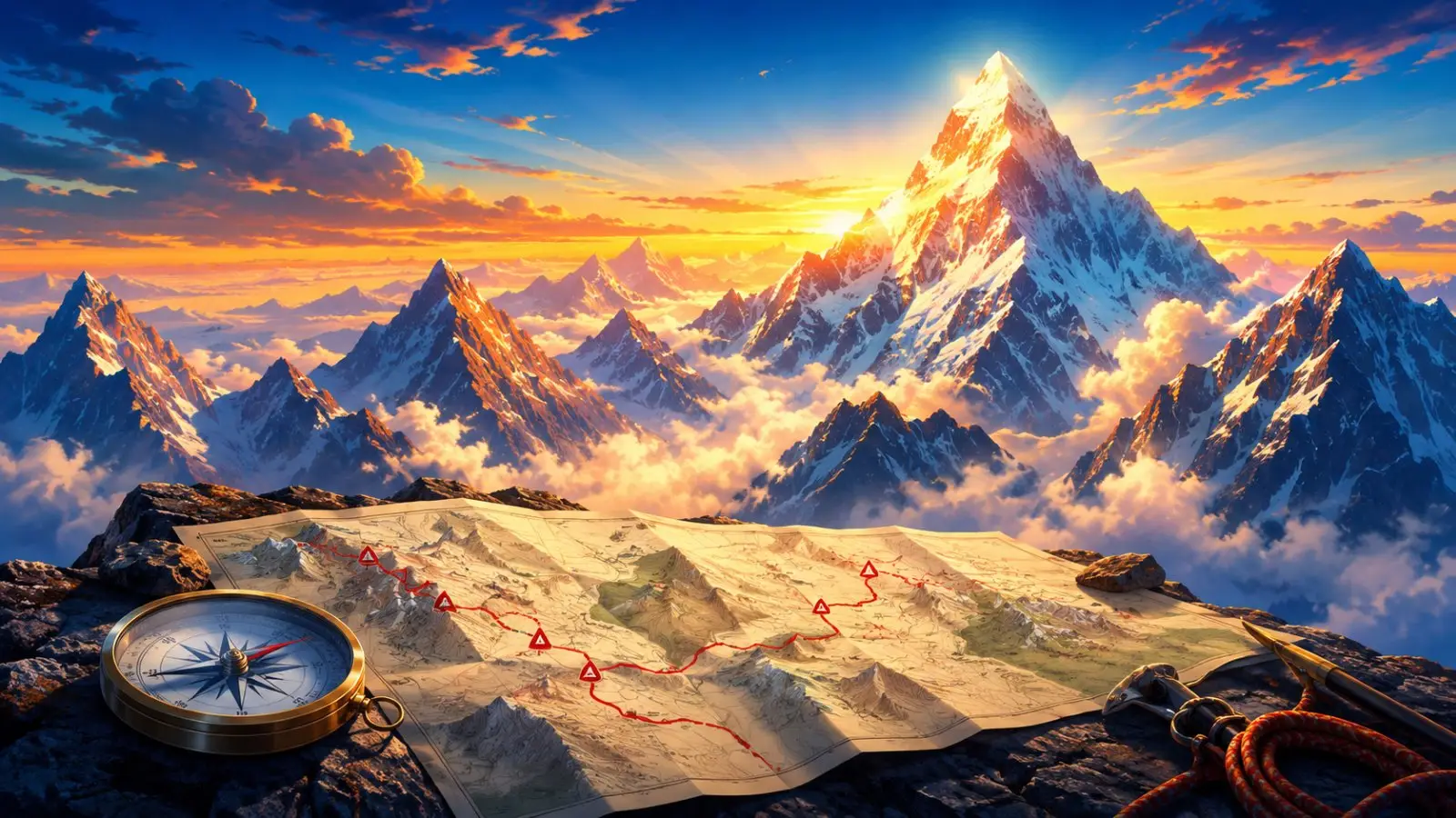 Portada del quiz de geografía con altas cumbres nevadas, un mapa con una ruta marcada y una brújula bajo un cielo al atardecer