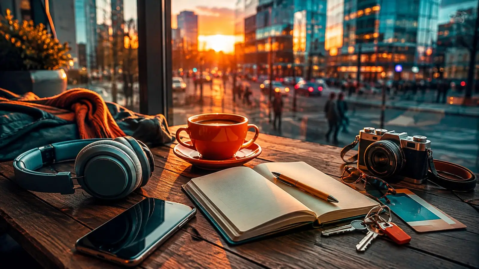Obra de portada de un test de personalidad con una taza de café, libreta, auriculares y cámara al atardecer en la ciudad
