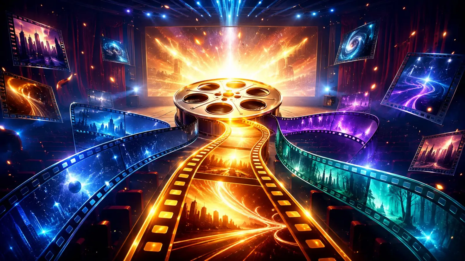 Portada del test sobre secuelas de películas con un carrete de cine luminoso y varias cintas de película en un escenario futurista