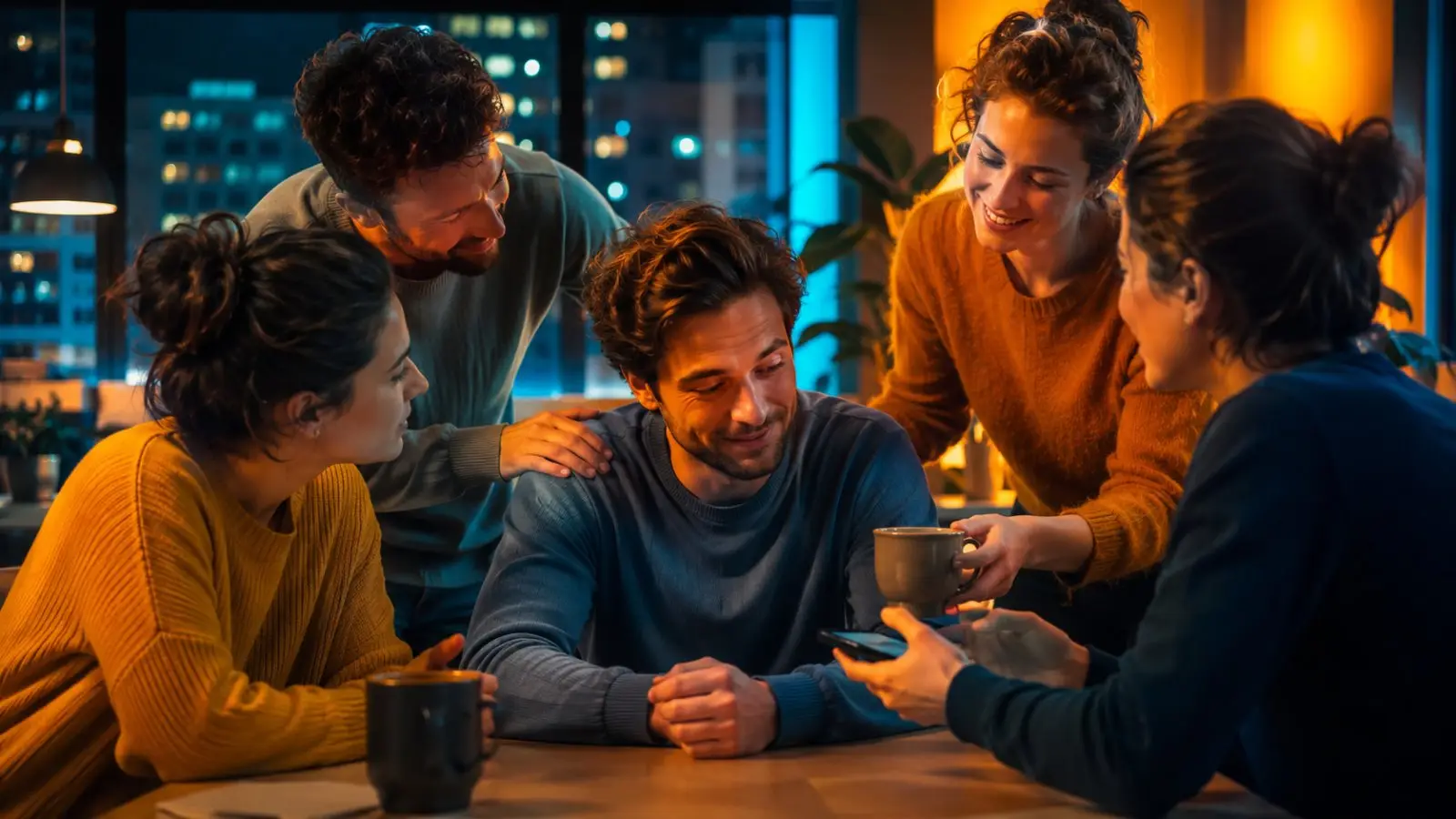 Portada del test de personalidad sobre el apoyo a los demás, con cinco amigos conversando alrededor de una mesa en un ambiente cálido y cercano
