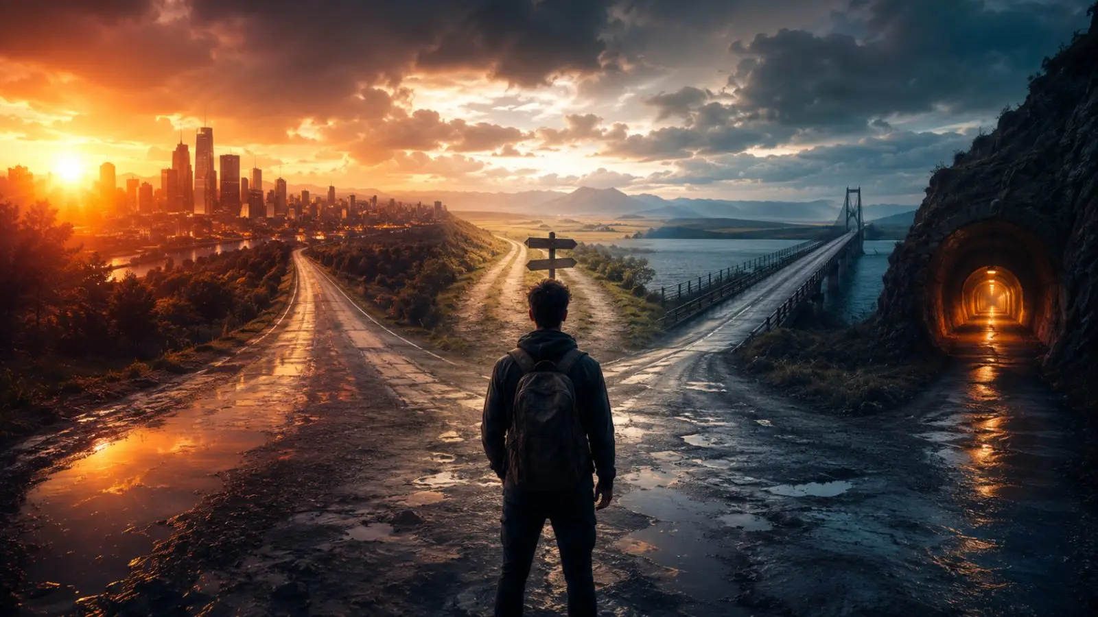 Portada del test de personalidad sobre la valentía, con una persona ante tres caminos hacia una ciudad al amanecer, un puente y un túnel iluminado
