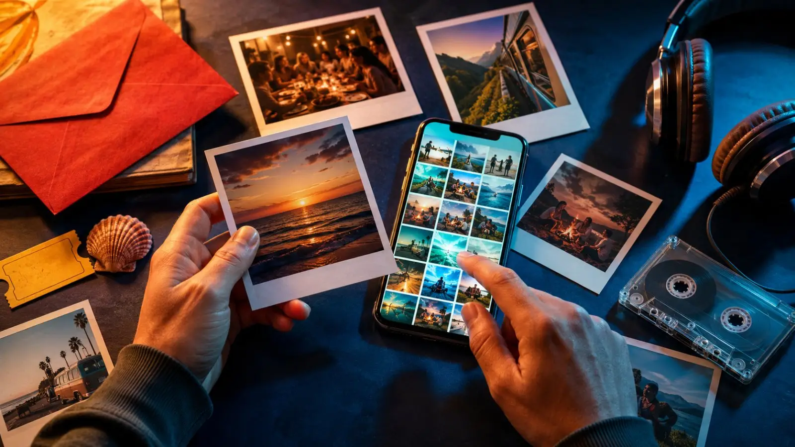 Portada del quiz «¿Cómo guardas tus recuerdos más importantes?» con manos revisando fotos impresas y una galería móvil entre recuerdos de viajes y música