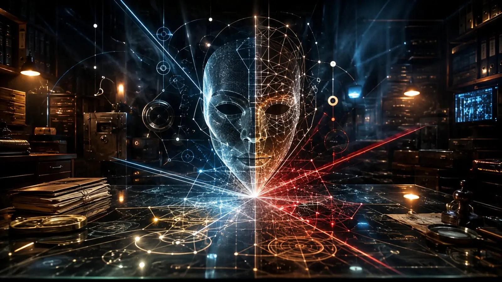 Portada del test de personalidad sobre tipos de cifrado, con un rostro digital dividido entre redes azules y rojas en un entorno tecnológico futurista