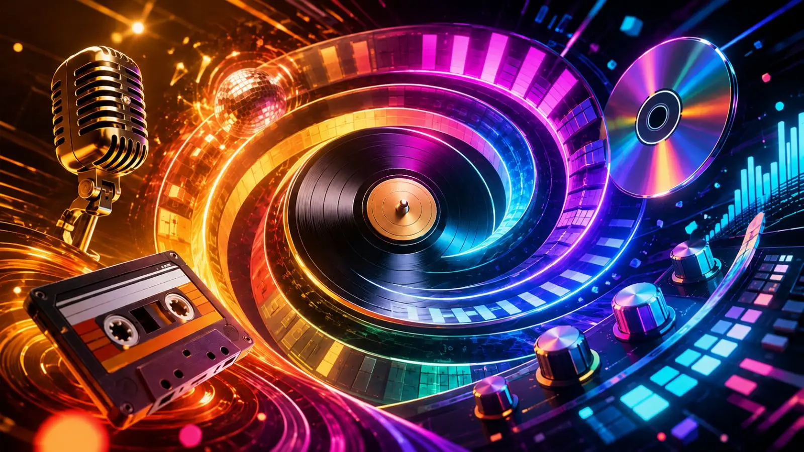 Portada de un quiz musical con vinilo, casete, CD y micrófono entre luces de neón, para adivinar la década por sus artistas