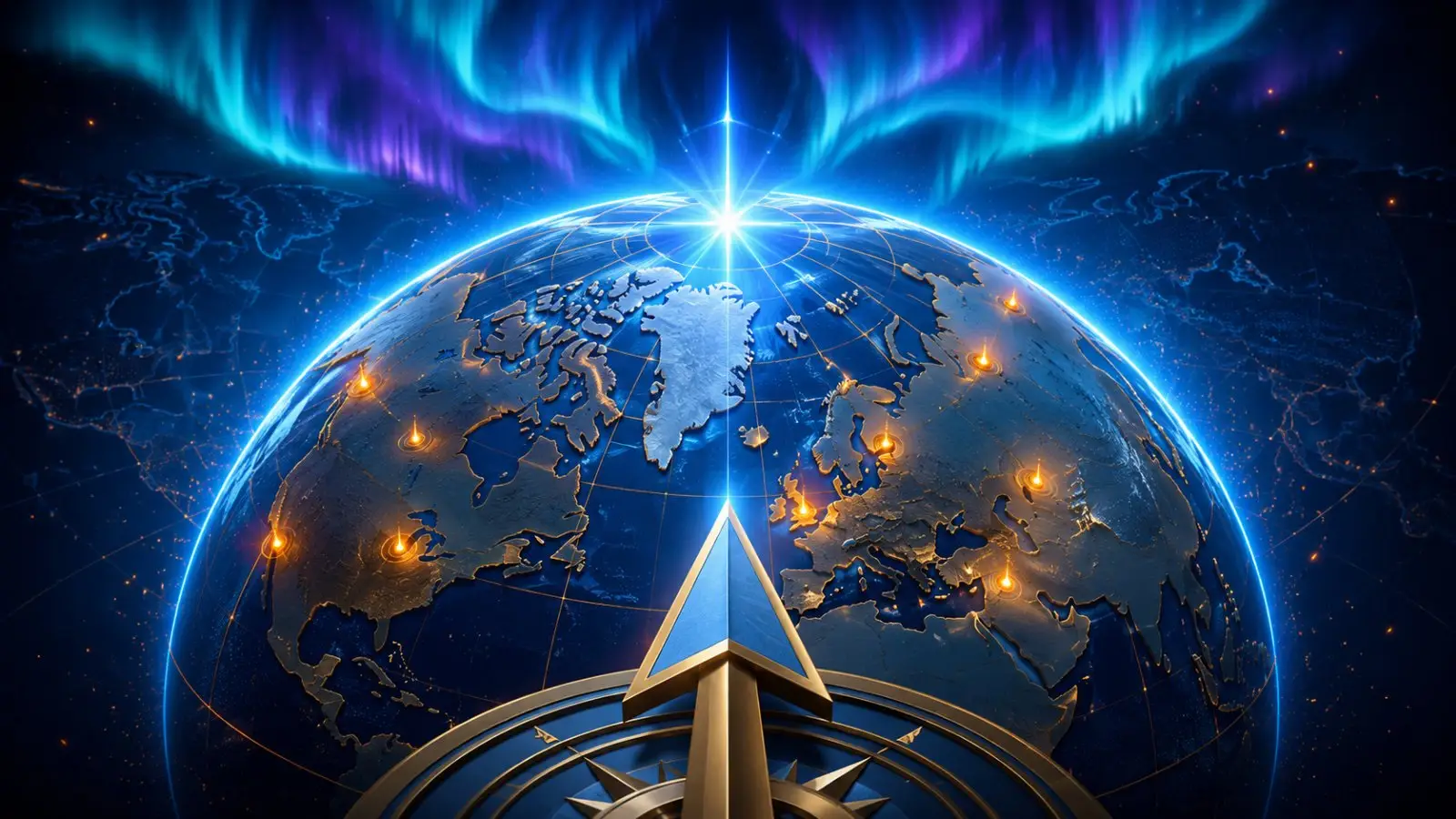 Portada del quiz de geografía para elegir la capital más septentrional, con un globo iluminado, una brújula y auroras azules y violetas
