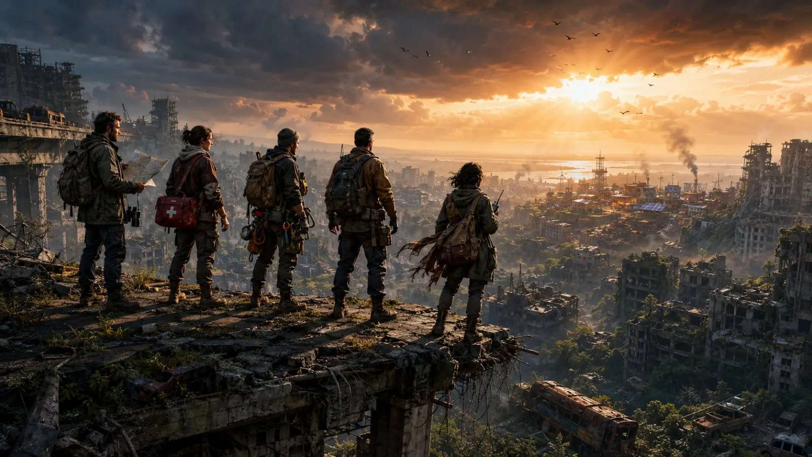 Portada del test de personalidad con cinco supervivientes frente a una ciudad en ruinas iluminada por un atardecer apocalíptico