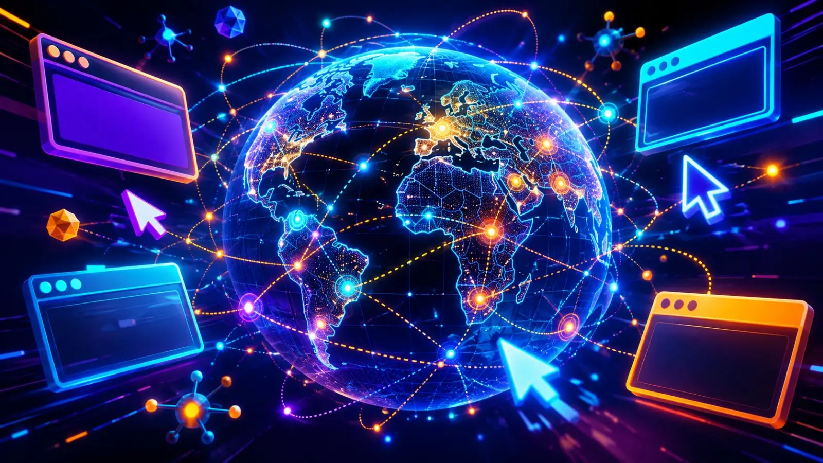 Portada del quiz sobre dominios de internet con un globo terráqueo conectado por redes digitales, cursores y ventanas de navegador luminosas