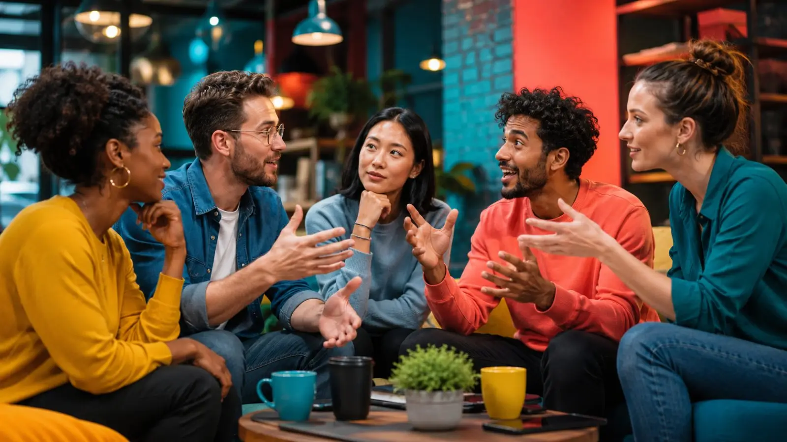 Portada del test de personalidad sobre estilos de comunicación con cinco amigos conversando animadamente en una cafetería moderna y colorida