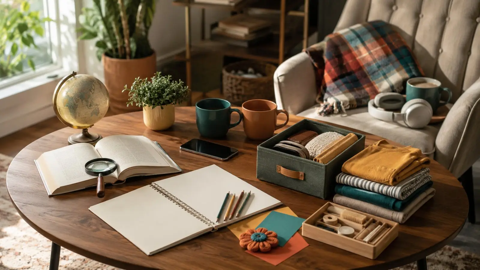 Portada del quiz sobre qué haces cuando te aburres, con cuadernos, lápices, libros, manualidades y tazas sobre una mesa en un ambiente acogedor