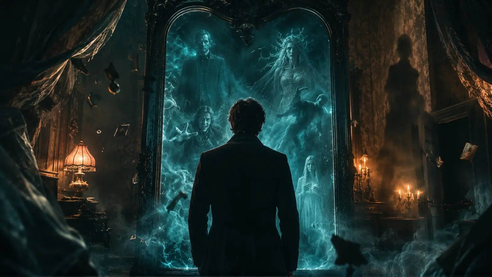 Portada del test de personalidad con un hombre ante un portal espectral lleno de fantasmas, en una mansión oscura iluminada por velas