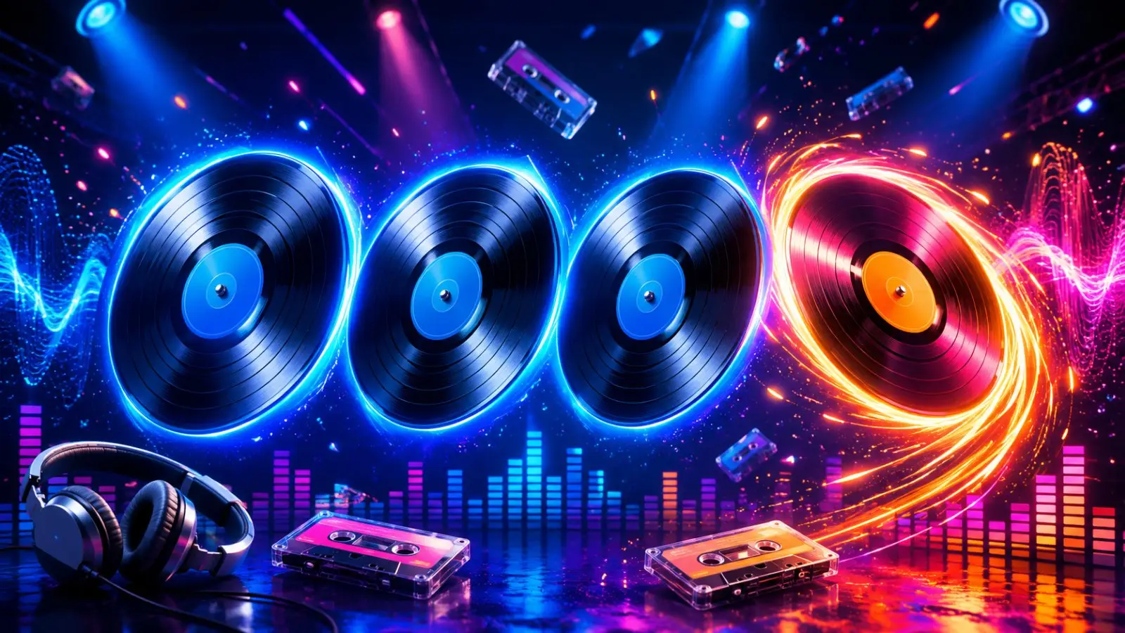 Portada del quiz musical para identificar la canción ajena al repertorio de un artista, con discos de vinilo, casetes y luces de neón