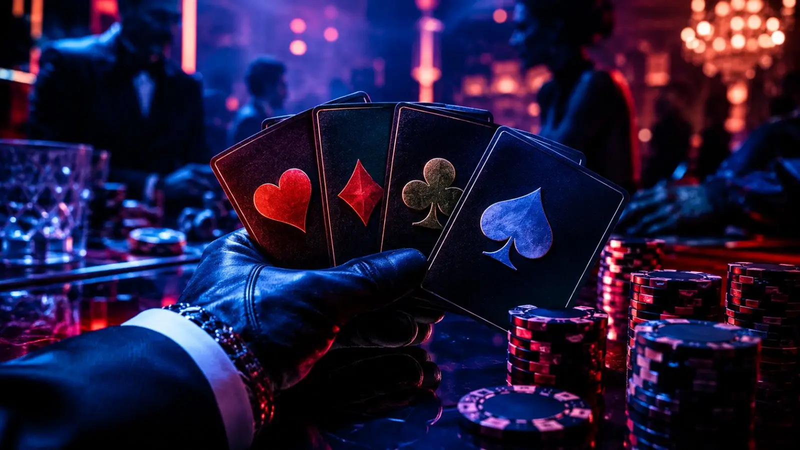 Portada del quiz sobre qué palo de la baraja te representa, con una mano enguantada sosteniendo cartas de corazones, diamantes, tréboles y picas en un casino iluminado