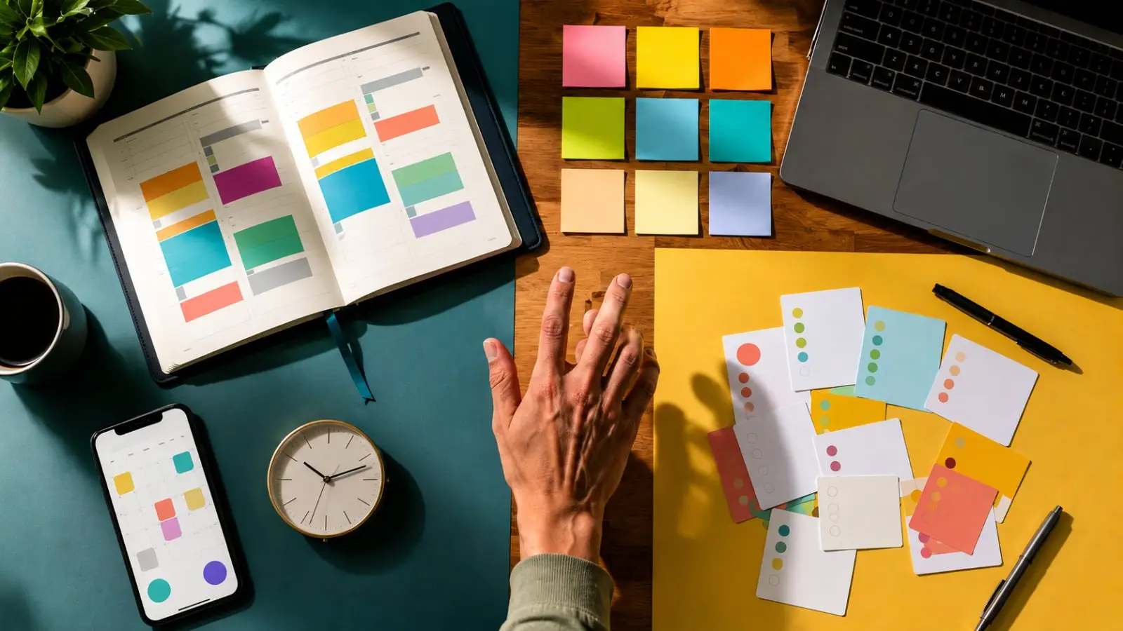 Portada del test de personalidad sobre estilo de planificación con agenda, notas adhesivas, tarjetas de colores, móvil y portátil sobre un escritorio
