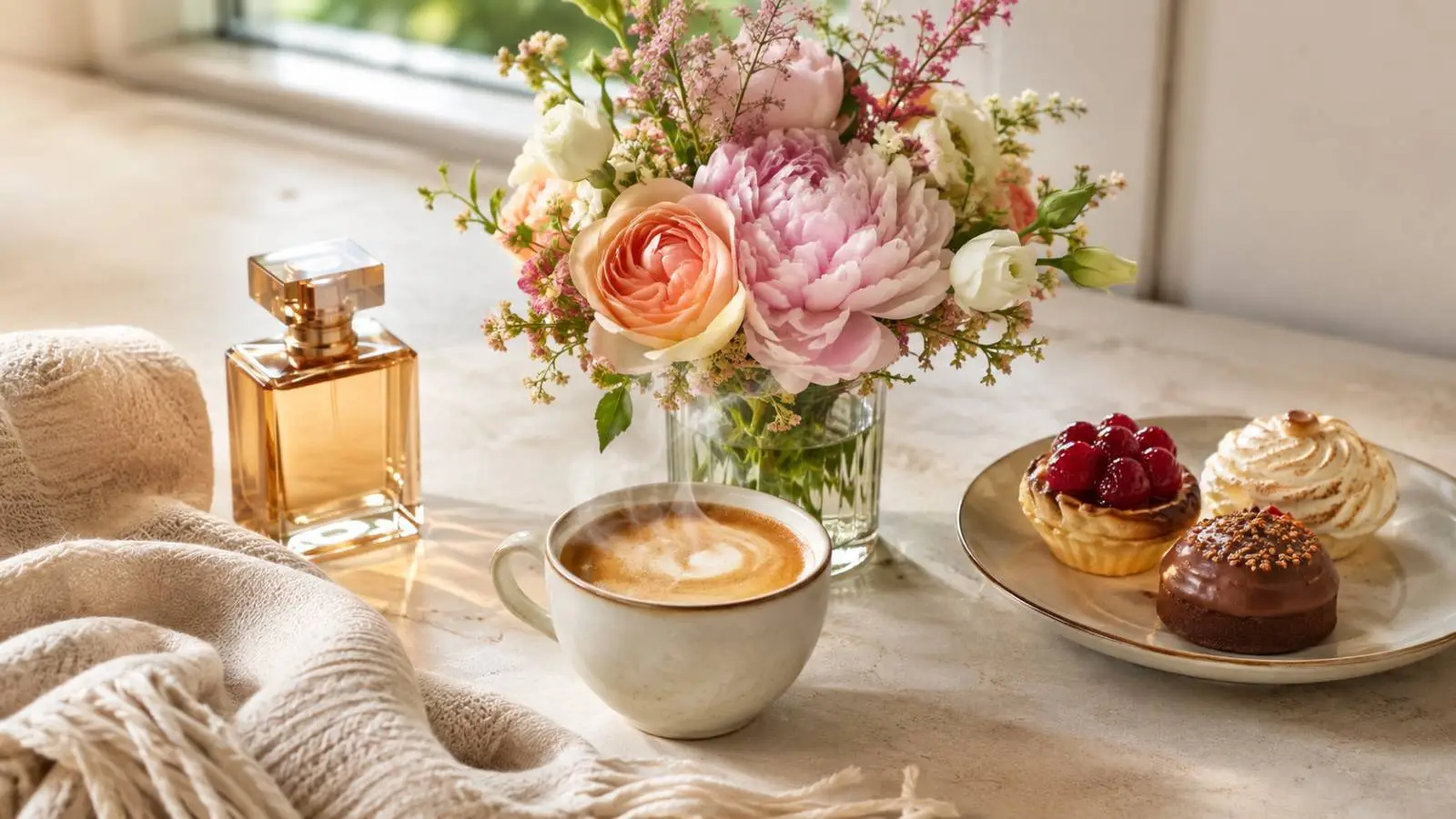 Portada del quiz «¿Qué pequeño lujo va más contigo?» con café, flores, perfume y dulces sobre una mesa en un ambiente cálido y acogedor
