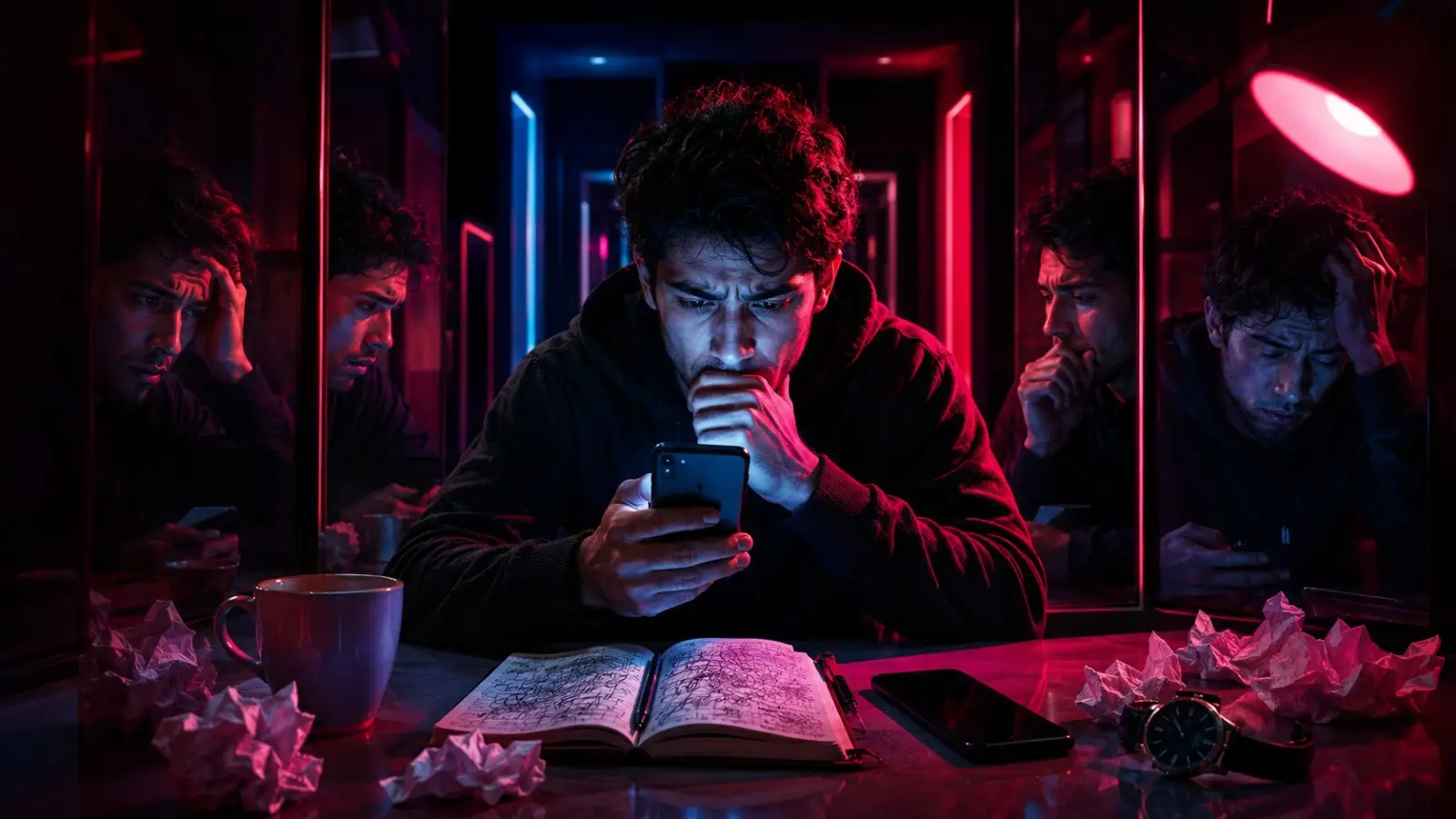 Portada del test de personalidad sobre tipos de overthinker, con un joven absorto en el móvil entre espejos, apuntes y luces de neón