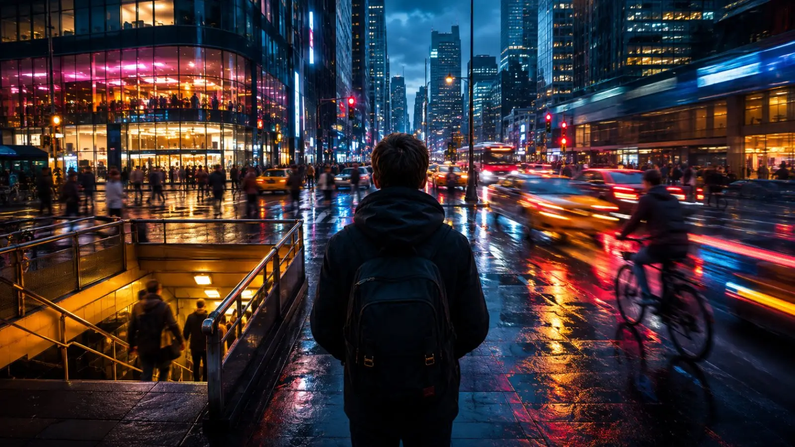 Portada del test de personalidad con una persona de espaldas ante una avenida nocturna lluviosa, luces de neón, tráfico y ritmo urbano