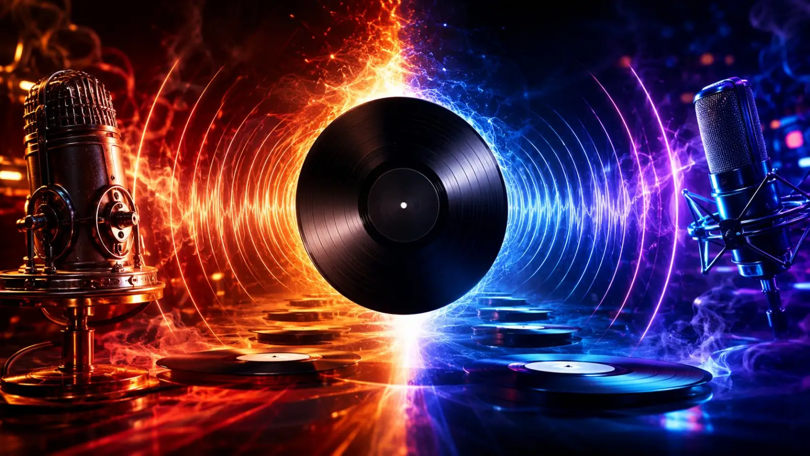 Portada del quiz musical sobre quién grabó primero canciones famosas, con un disco de vinilo entre micrófonos y ondas de sonido en tonos rojos y azules
