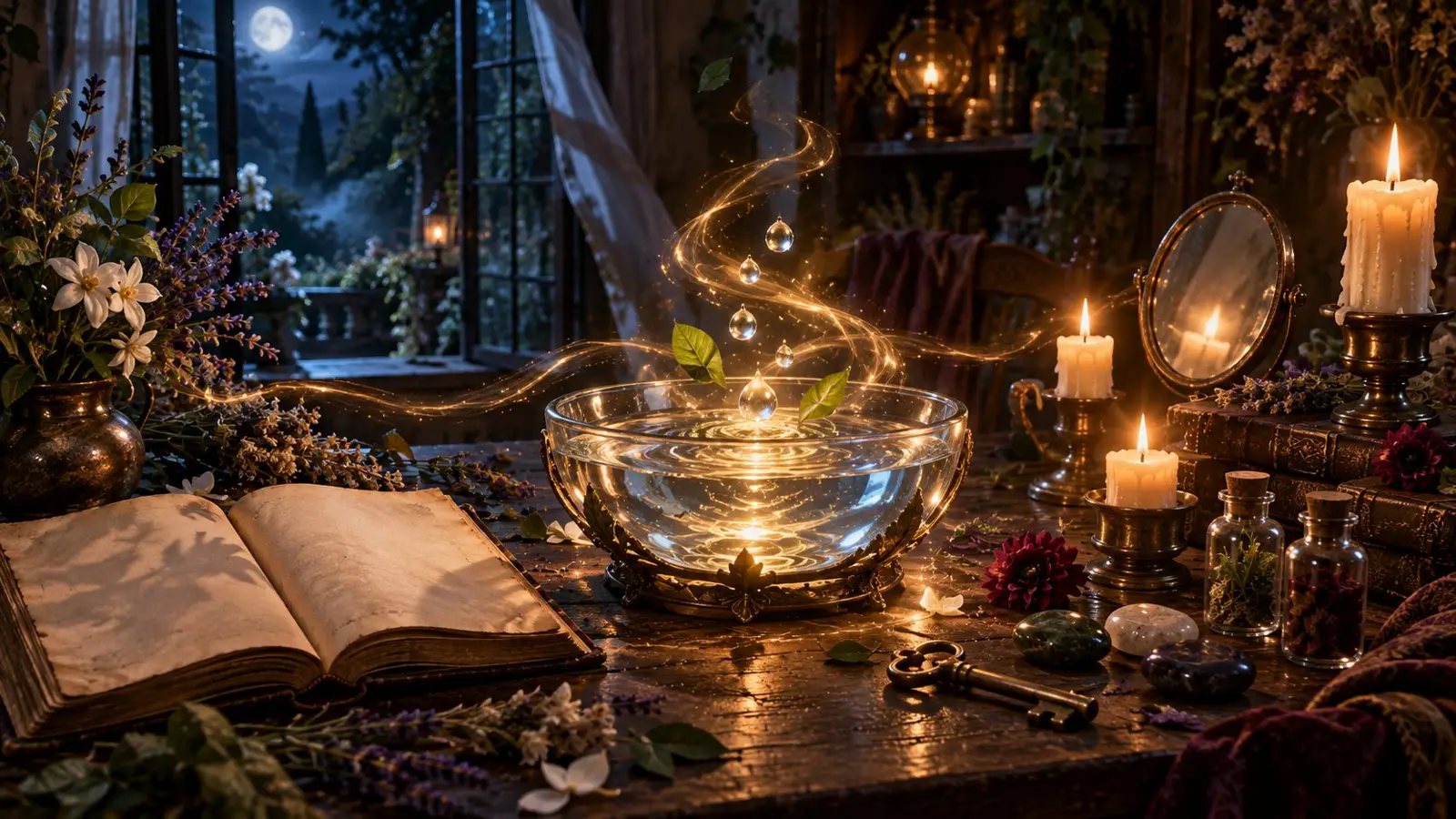 Obраз portada del quiz sobre Prácticamente magia con un libro antiguo, velas, frascos y un cuenco brillante en una estancia nocturna y encantada