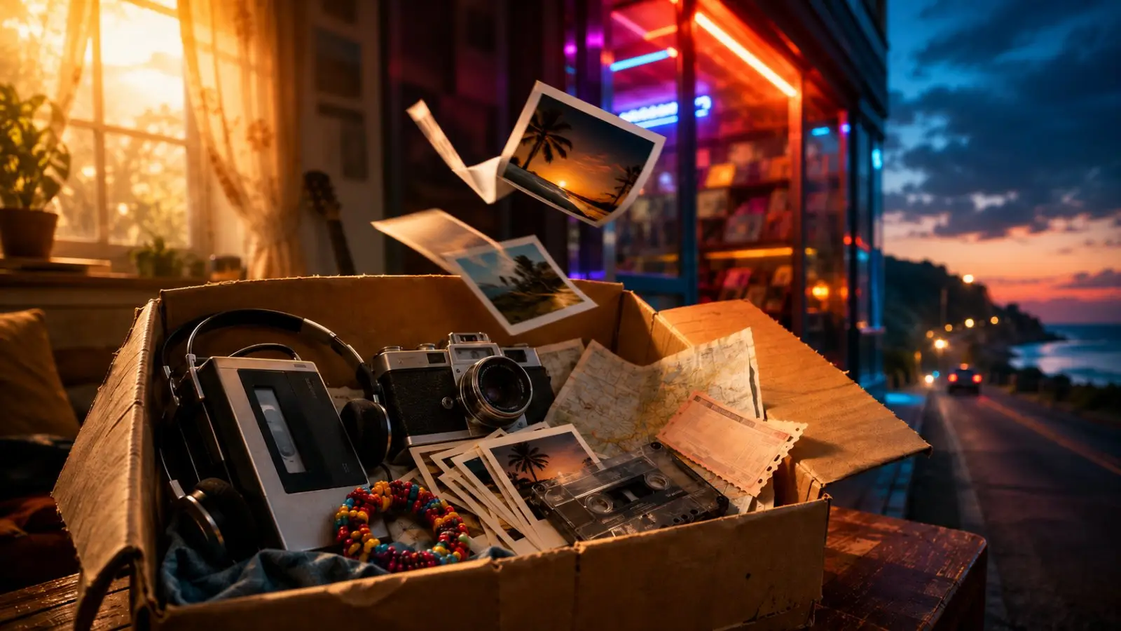 Portada del test de personalidad sobre tipos de nostalgia, con una caja de recuerdos, cámara, auriculares, cartas y fotos entre luz cálida y neón