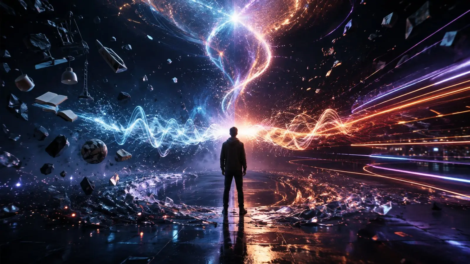 Portada del quiz sobre qué ley de la física se parece a tu vida, con una figura ante ondas de energía, luz y fragmentos flotando en un espacio cósmico