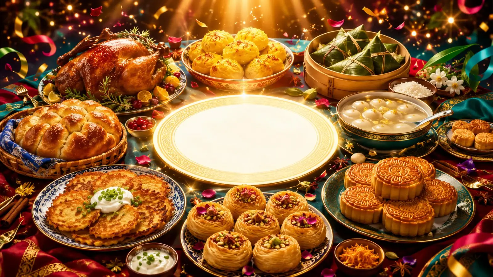 Portada del quiz de gastronomía festiva con pavo asado, dumplings, empanadas y dulces tradicionales de celebraciones del mundo bajo luces doradas