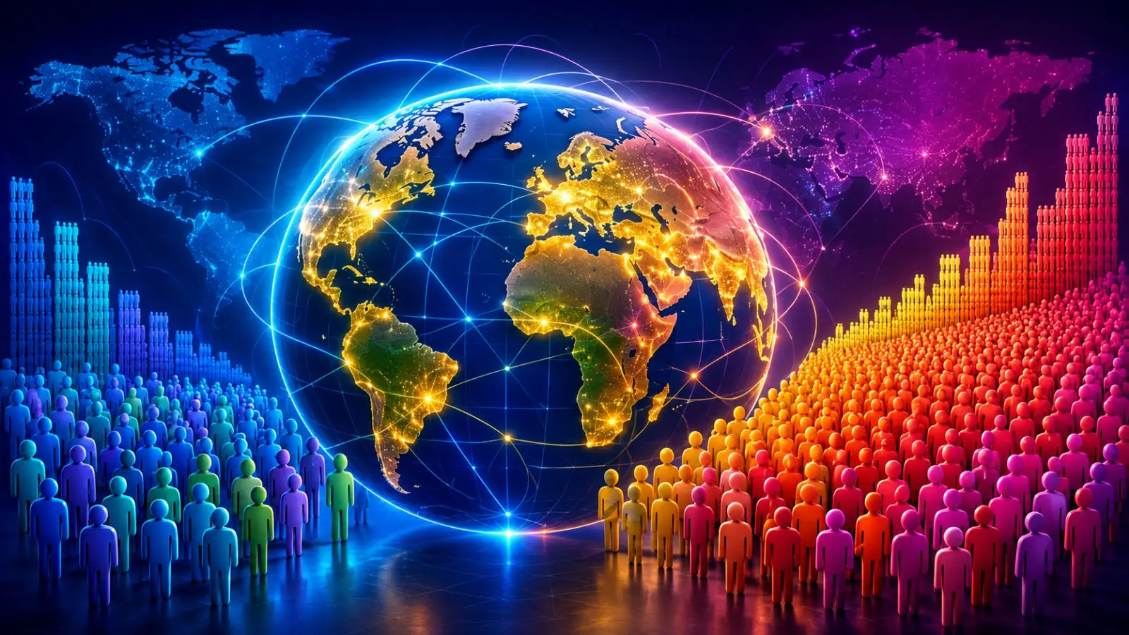 Portada del quiz de población mundial con un globo terráqueo conectado por redes, multitudes de colores y gráficos demográficos