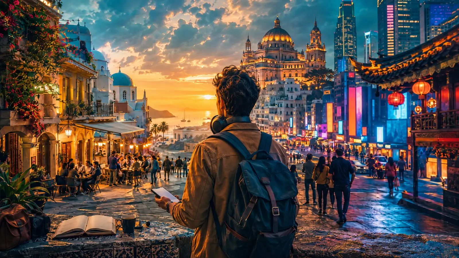 Portada del test de personalidad sobre idiomas con un viajero con mochila ante una ciudad multicultural iluminada al atardecer