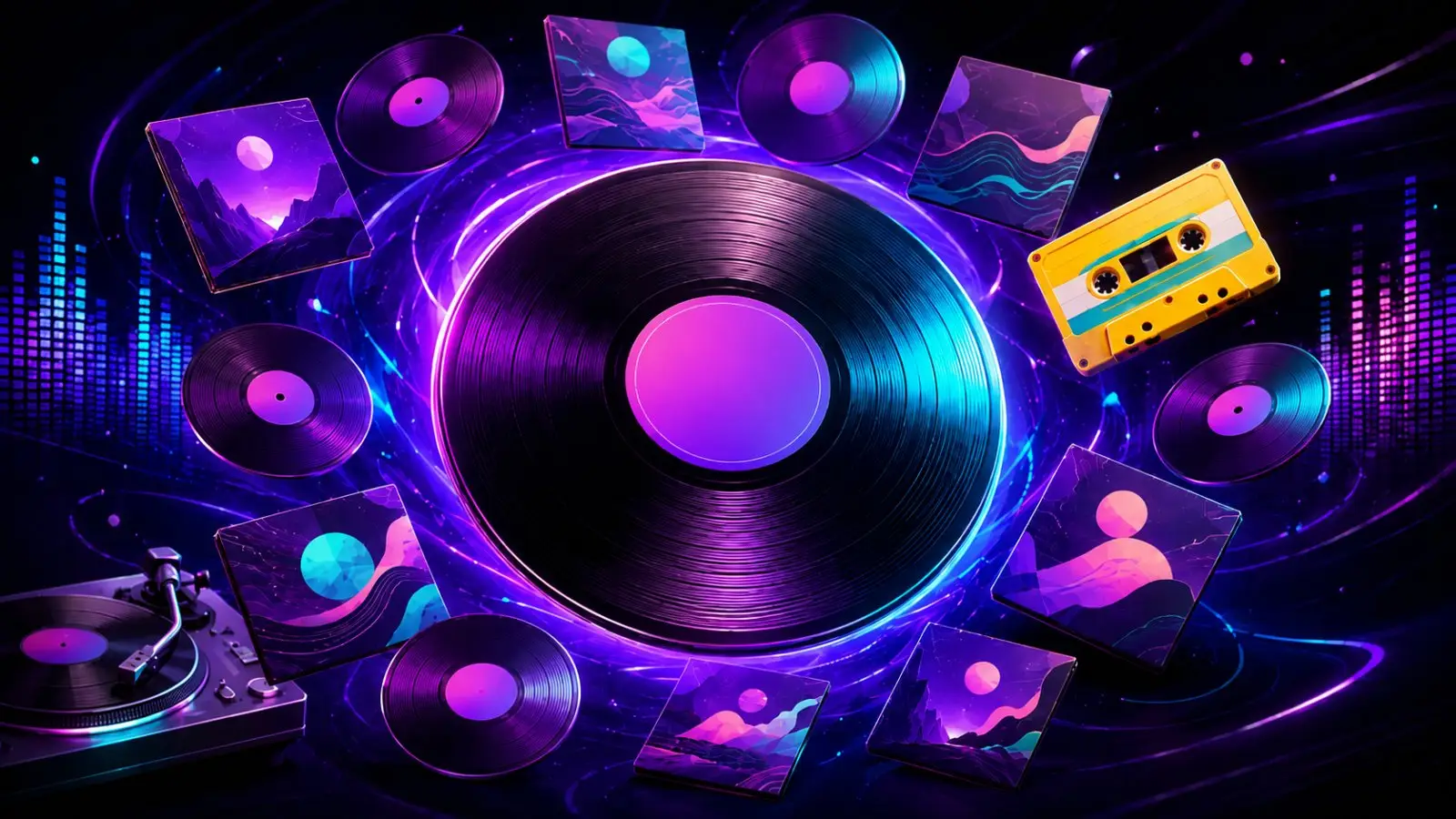 Portada del quiz musical con un gran disco de vinilo, varios álbumes, discos y una casete entre luces de neón moradas y azules