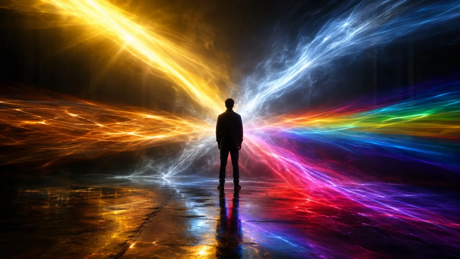 Portada del test de personalidad con una silueta entre corrientes de luz dorada, azul y multicolor reflejadas sobre el suelo oscuro