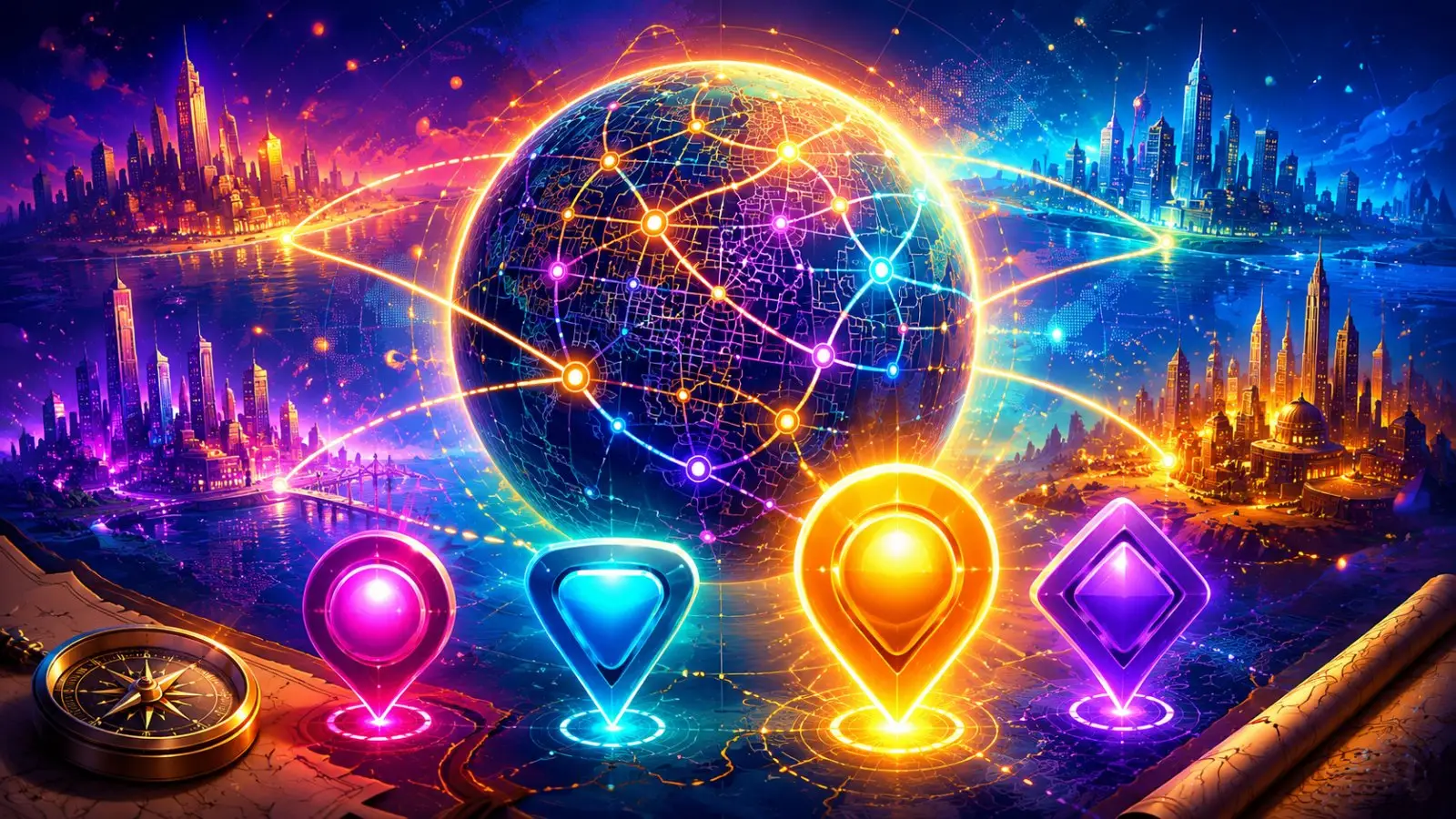 Portada del quiz sobre las ciudades natales de celebridades, con un globo conectado, marcadores de ubicación y skylines futuristas de colores