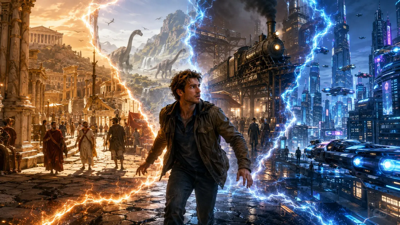 Portada del test de personalidad con un viajero entre una ciudad antigua y una metrópolis futurista, separadas por portales de energía