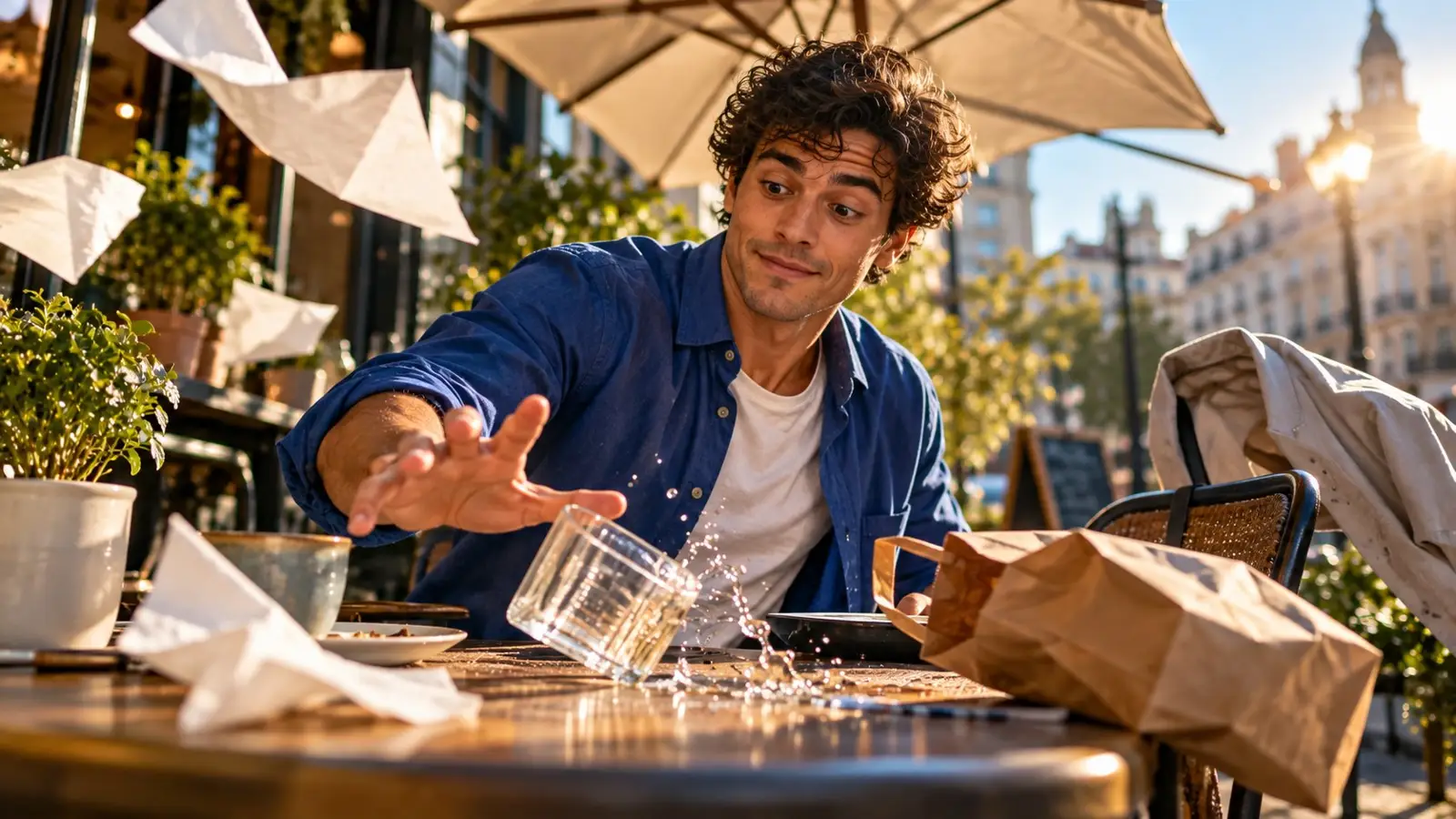 Obложка del test sobre mantener el aura con un joven intentando salvar un vaso derramado en una terraza mientras vuelan papeles a su alrededor