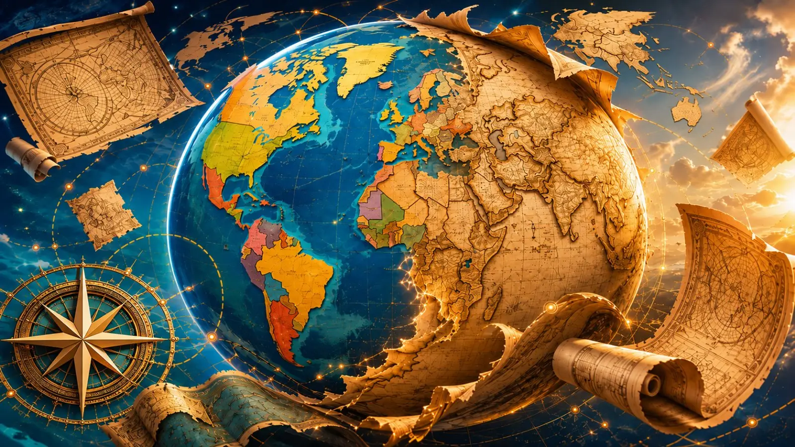 Portada del quiz de geografía con un globo terráqueo, mapas antiguos, pergaminos y una brújula sobre un fondo de exploración cartográfica