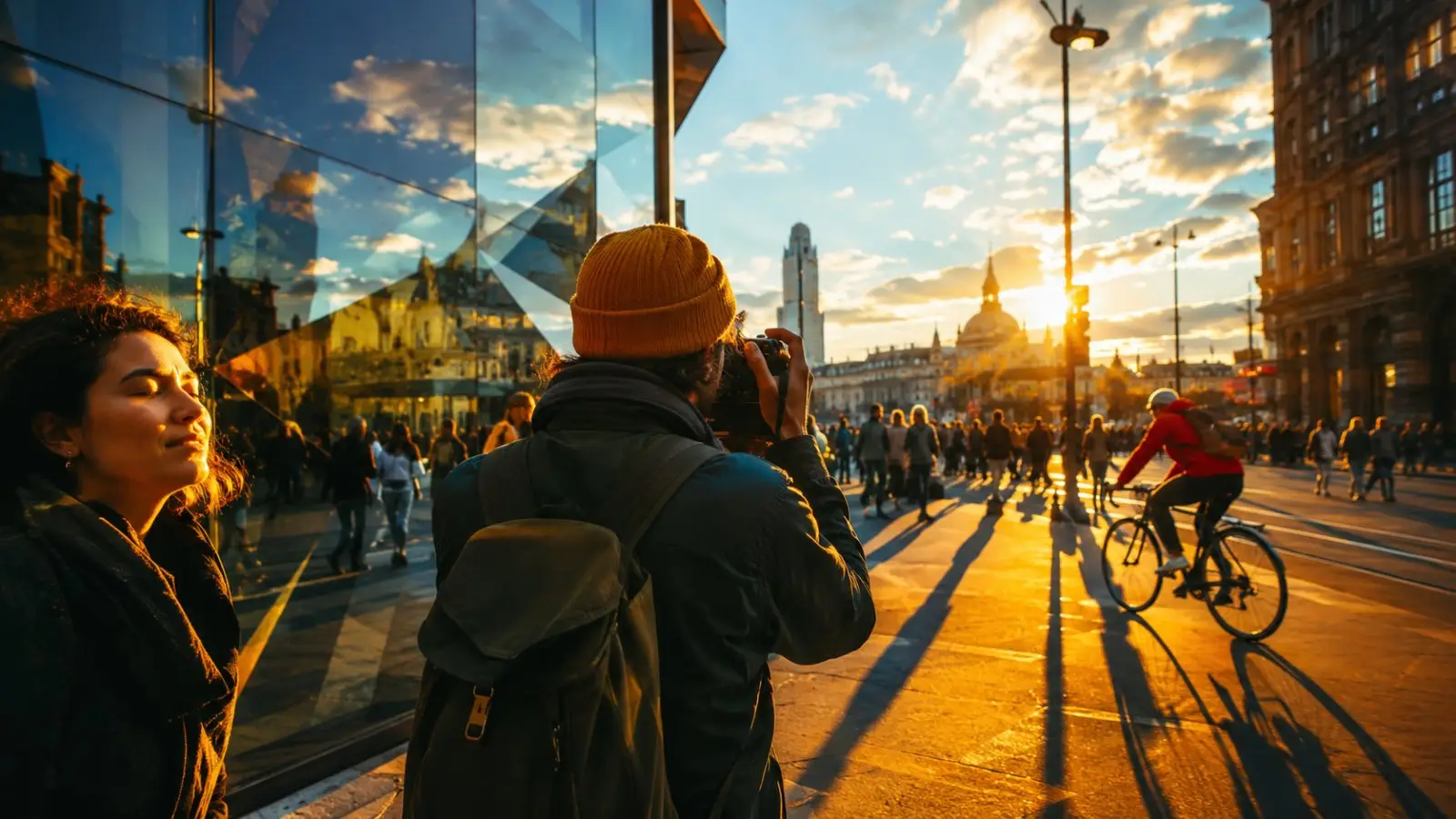 Portada del test de personalidad sobre estilo fotográfico con una persona tomando una foto en una avenida urbana al atardecer, entre reflejos y ciclistas