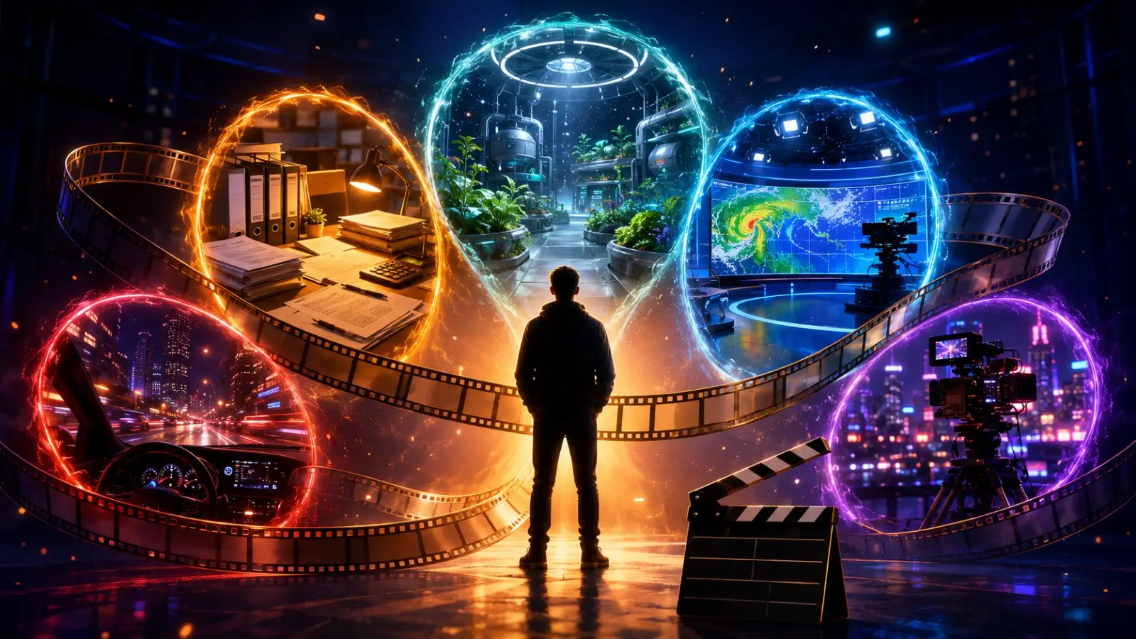 Portada del quiz de cine sobre profesiones de protagonistas, con una silueta rodeada de escenas de oficina, laboratorio, televisión y rodaje