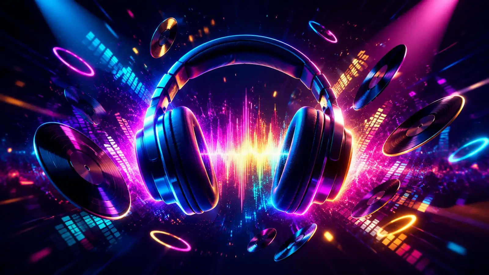 Portada del quiz musical para adivinar quién canta 15 éxitos internacionales, con auriculares, discos de vinilo y ondas de sonido en neón