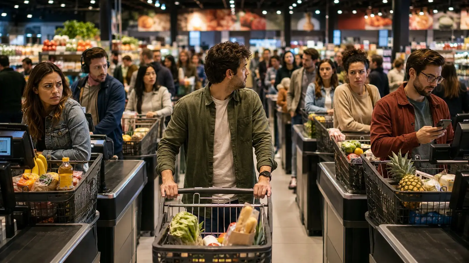 Portada del test de personalidad sobre cómo eres al hacer cola, con un hombre esperando con una cesta entre clientes y cajas de supermercado