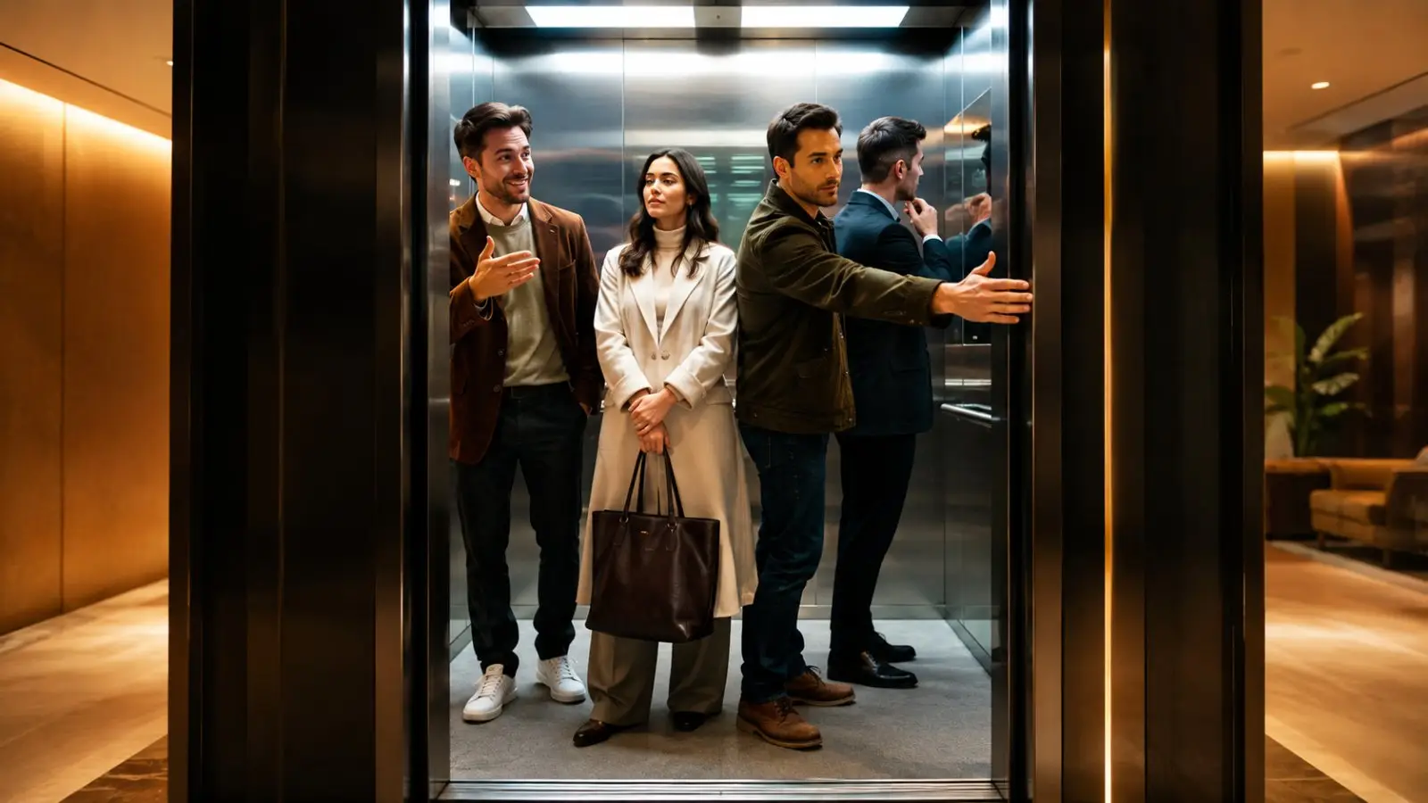 Portada del quiz «¿Qué tipo de persona eres en el ascensor?» con varias personas conversando y esperando dentro de un ascensor moderno