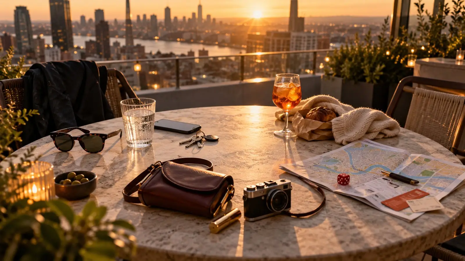 Obложка del test sobre puntos de aura con una mesa al atardecer, cámara, mapa, gafas y copa frente a una panorámica urbana