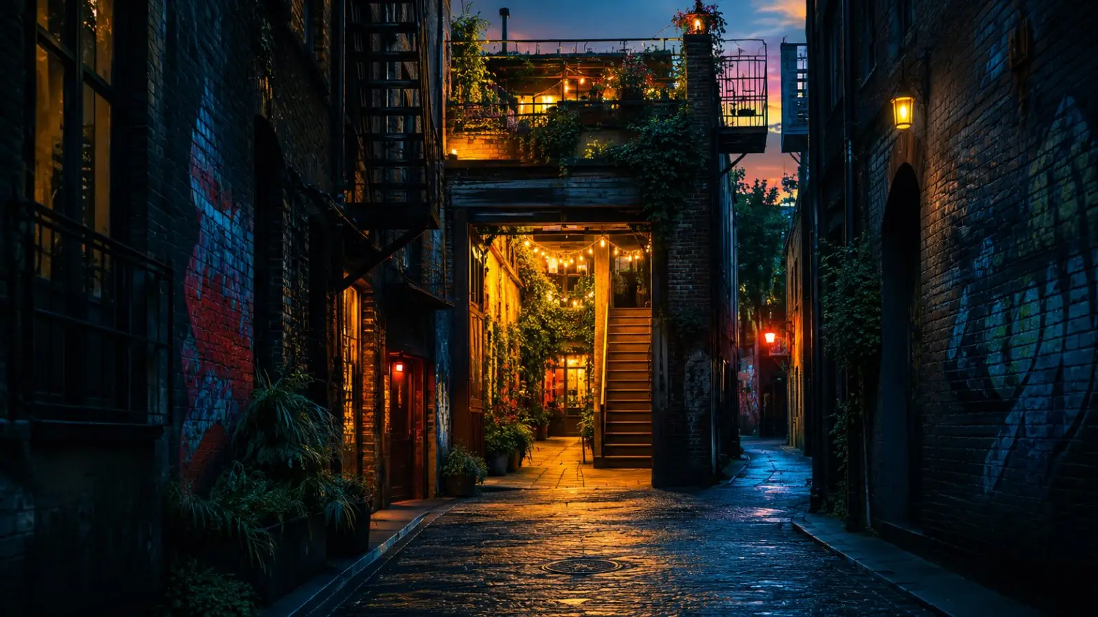 Portada del test de personalidad con un callejón oculto, luces cálidas, grafitis, vegetación y ambiente urbano nocturno y misterioso