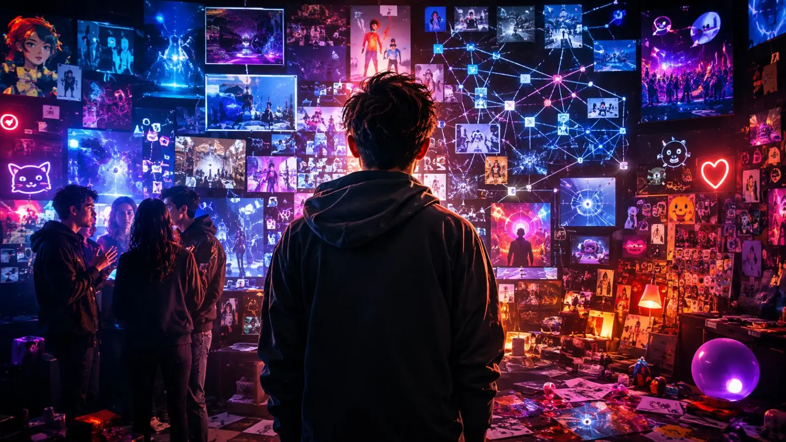 Portada del test de personalidad sobre fandoms, con una persona frente a un mural digital lleno de pantallas, conexiones, luces de neón e iconos de comunidades