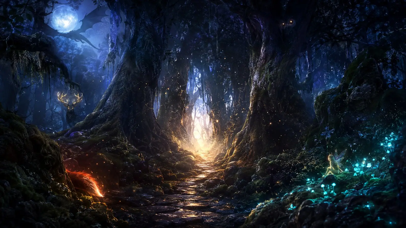 Portada del test de personalidad sobre criaturas del bosque encantado, con árboles gigantes, luces mágicas y pequeños seres brillantes