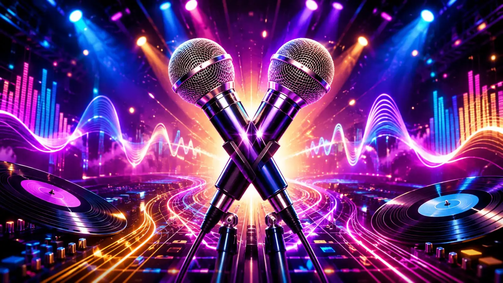 Portada del quiz musical con dos micrófonos cruzados, discos de vinilo y ondas de sonido entre luces de neón, inspirada en duetos y colaboraciones famosas