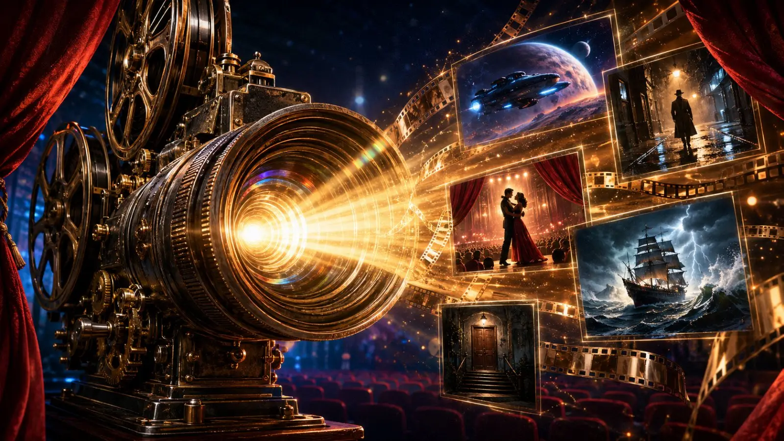 Portada del quiz de frases de cine con un antiguo proyector iluminando escenas de aventura, romance, ciencia ficción y misterio