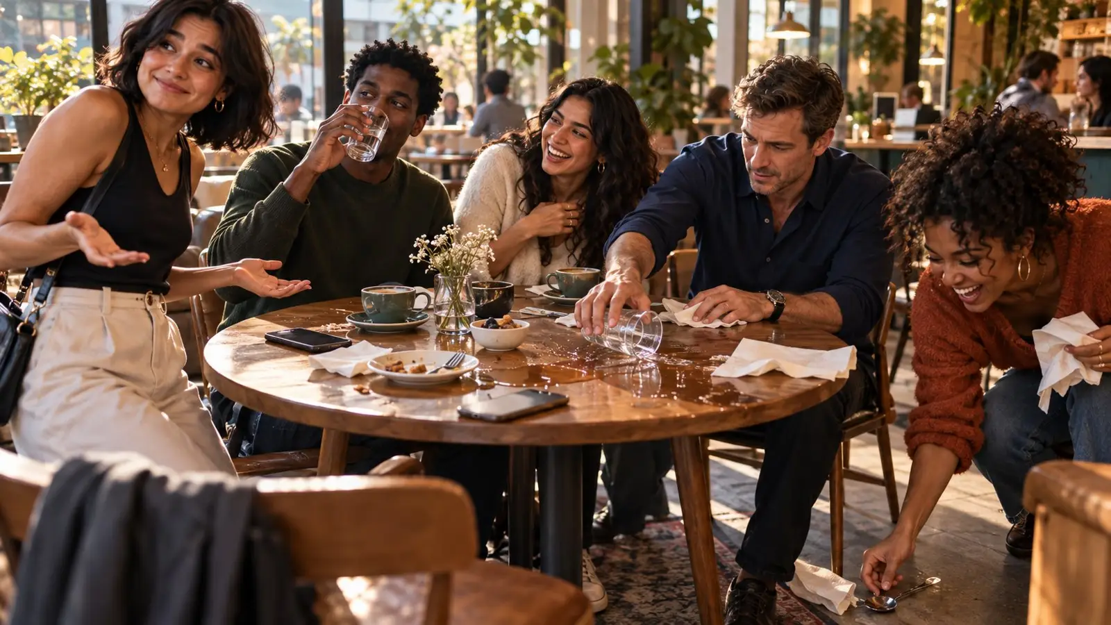 Portada del test sobre recuperar el aura tras un momento incómodo, con cinco amigos riendo alrededor de una mesa de café después de un pequeño desastre