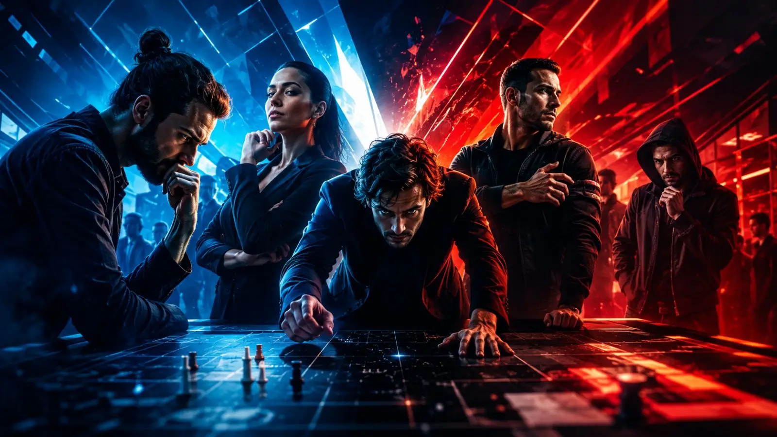 Portada del test de personalidad sobre tipos de rival, con varios competidores concentrados ante un tablero estratégico entre luces azules y rojas